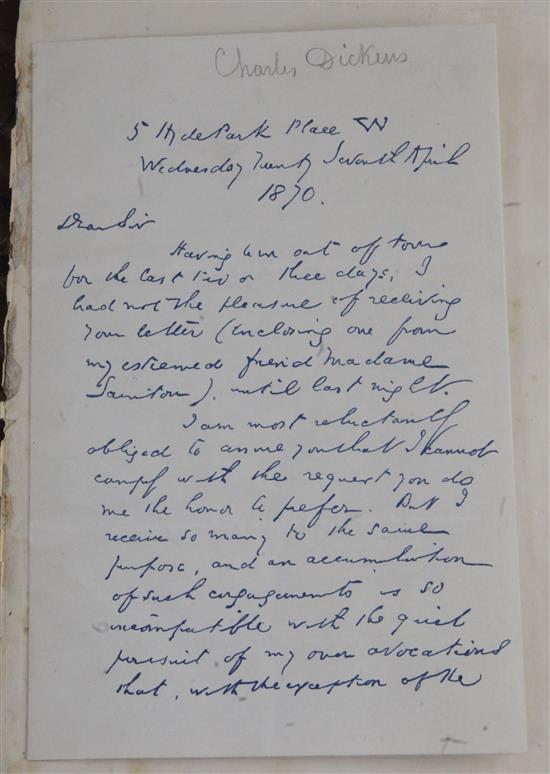 Dickens, Charles (1812-70). An autograph letter, dated Wednesday Twenty Seventh April 1870, 2 pages,